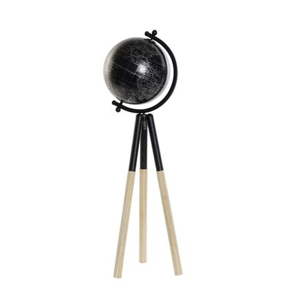 Items Wereldbol globe - zwart - op houten standaard - 18 x 60 cm