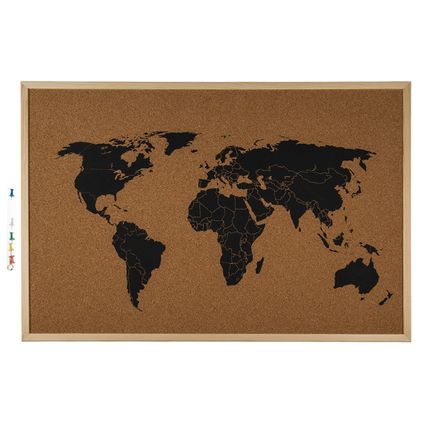 Prikbord met wereldkaart - 40 x 60 cm - memobord